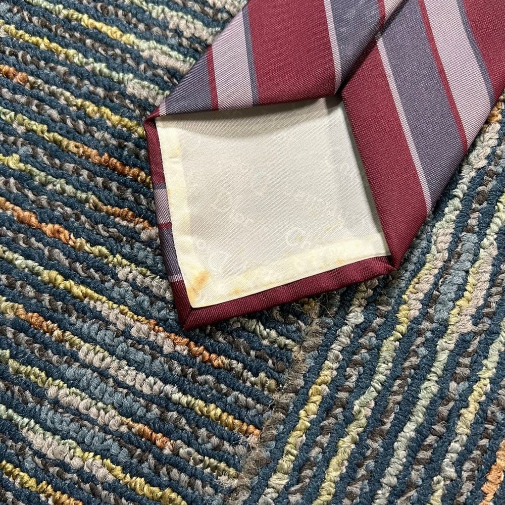 Christian Dior Silk Tie 56" Burgundy Grey Striped CD Logo Vintage Necktie - Picture 6 of 7